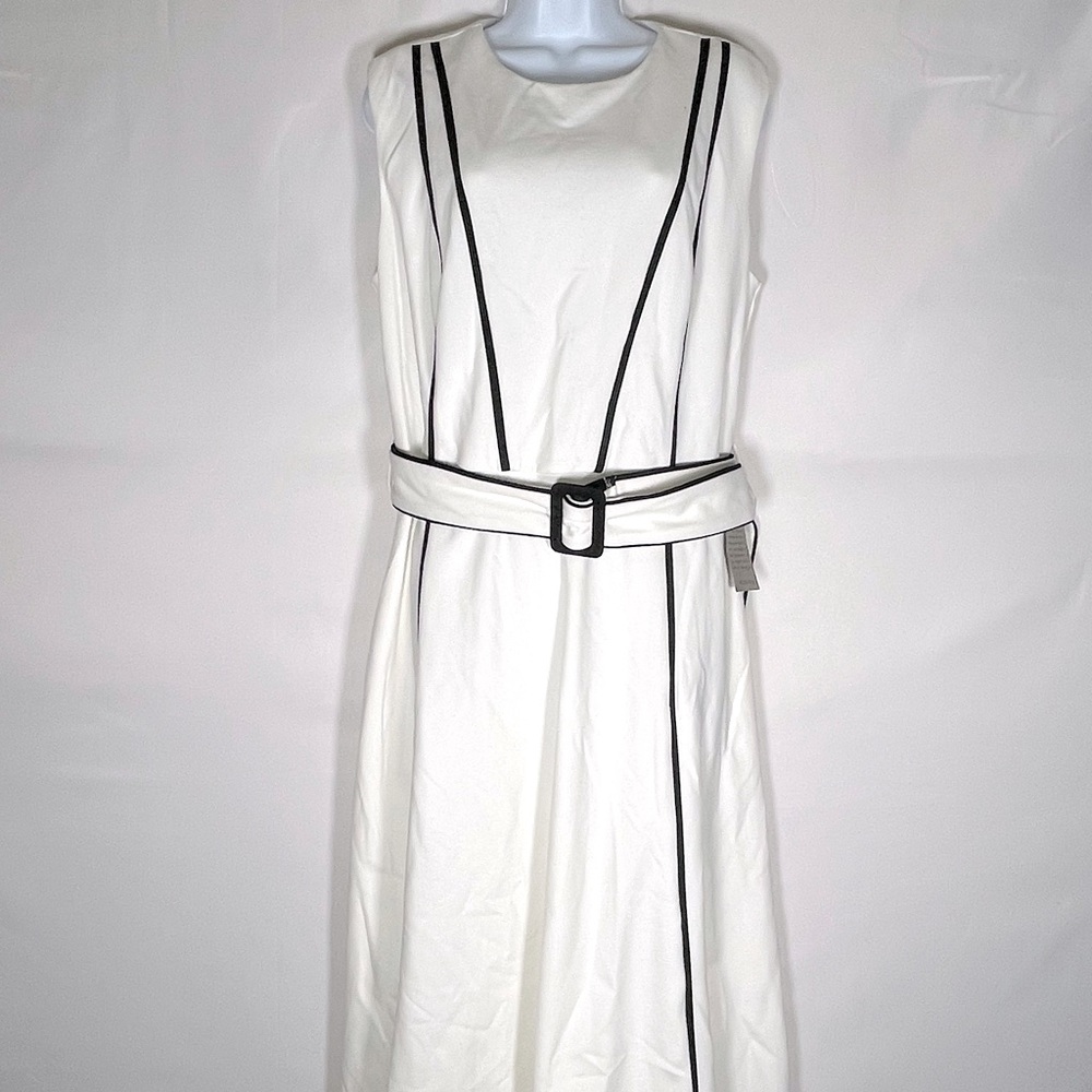 Nordstrom Ivory White Dress 1901 Size Large New with Tags Black Trim with Belt